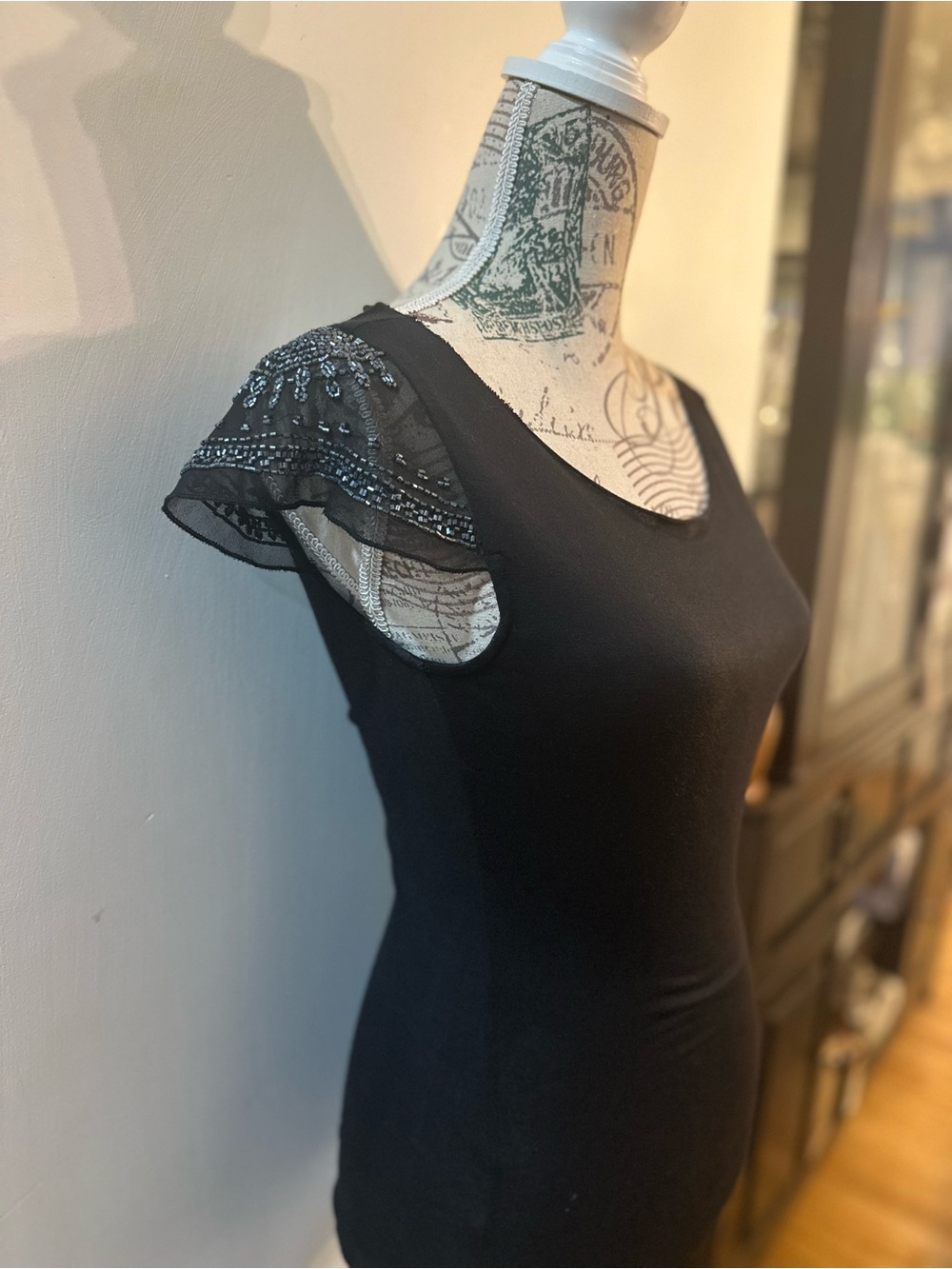 Lux Black Scoop Neck Top with Lace Cap Sleeves